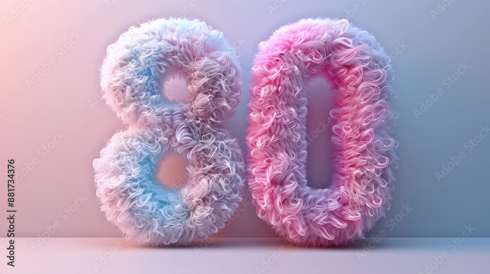 Pastel creative and fluffy number eighty on festive background, Happy birthday concept