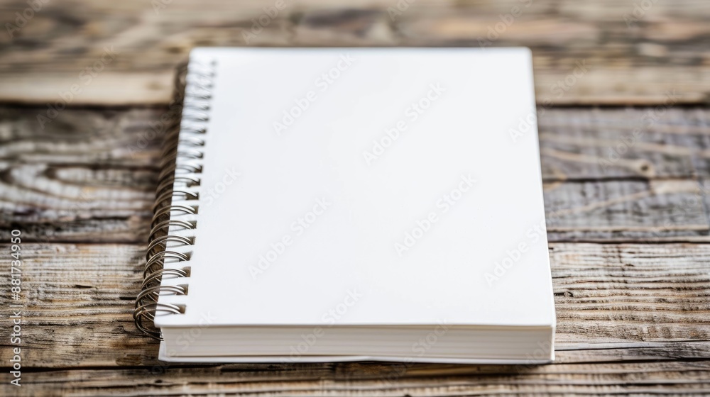 White notebook on wooden table with space for writing White notebook on wooden table with space for writing
