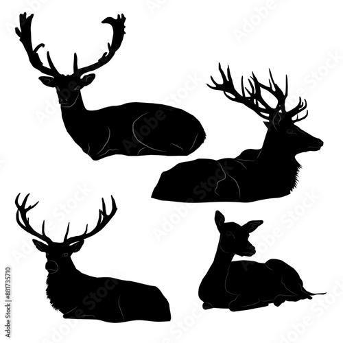 Four deer are depicted in black silhouettes on a white background in a lying position
