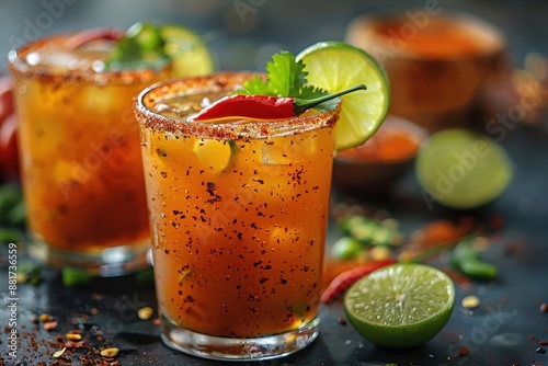 A spicy michelada cocktail in a salt-rimmed glass, with beer, lime juice, hot sauce, and Worcestershire sauce, garnished with a chili pepper. 