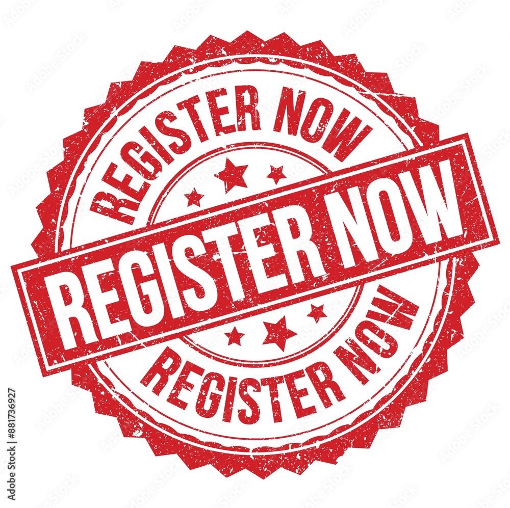REGISTER NOW text on red round stamp sign REGISTER NOW text on red round stamp sign