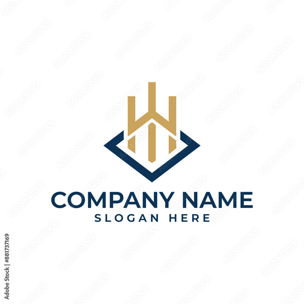 Letter W initiala Logomark with the 3 wealth pillar represent properties and asset in luxury royal blue and gold color Letter W initiala Logomark with the 3 wealth pillar represent properties and asset in luxury royal blue and gold color