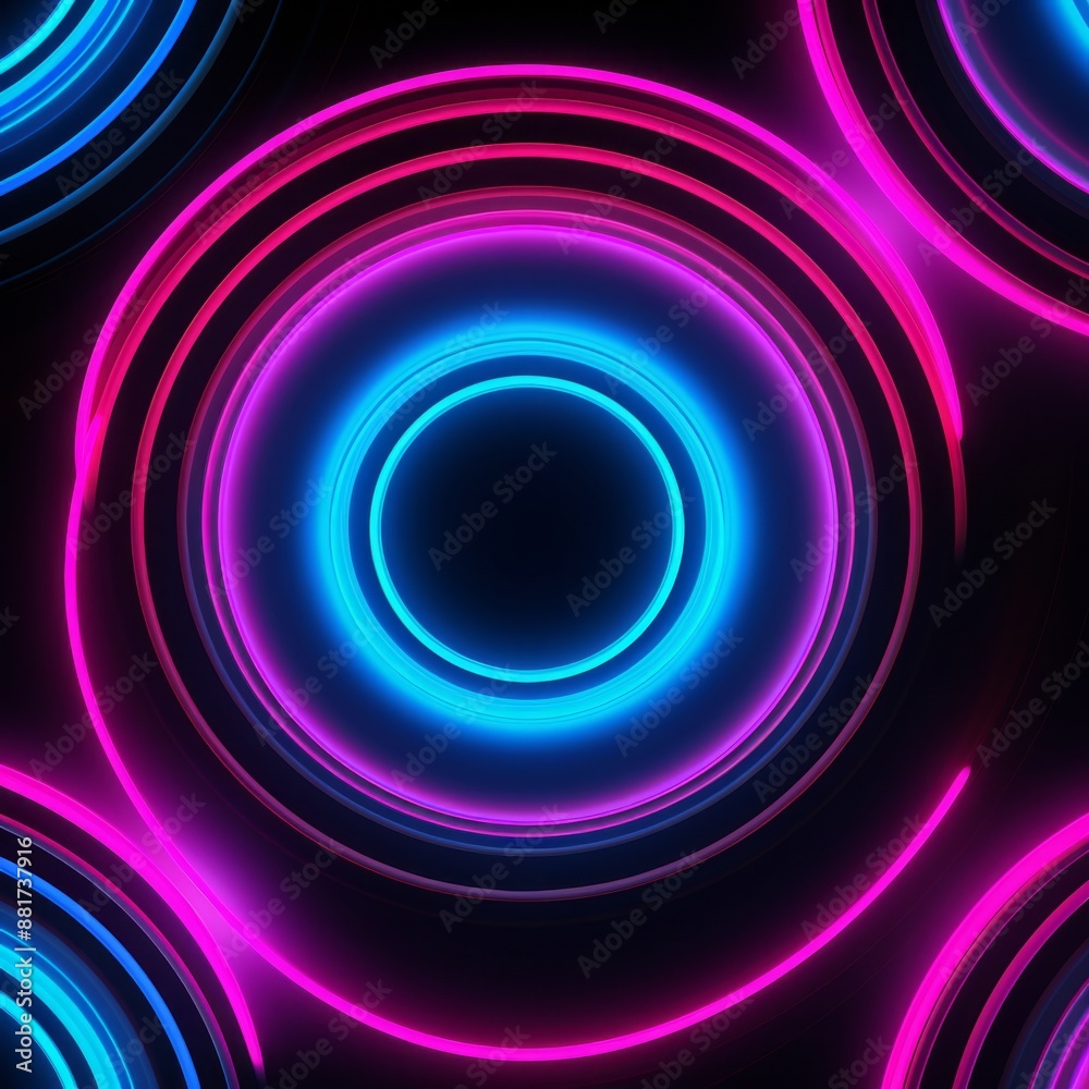 A close-up image of multiple neon blue and pink circles against a dark background A close-up image of multiple neon blue and pink circles against a dark background
