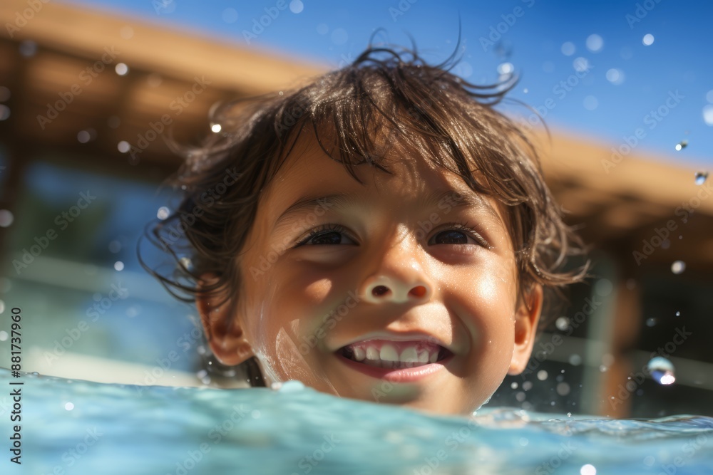 A 6-year-old Hispanic boy swimming in an outdoor pool on a day of extreme heat A 6-year-old Hispanic boy swimming in an outdoor pool on a day of extreme heat