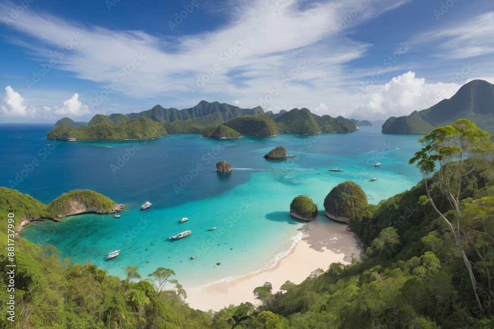 view of the south coast under blue skies, coconut trees, coral rocks, accompanied by small coral hills view of the south coast under blue skies, coconut trees, coral rocks, accompanied by small coral hills