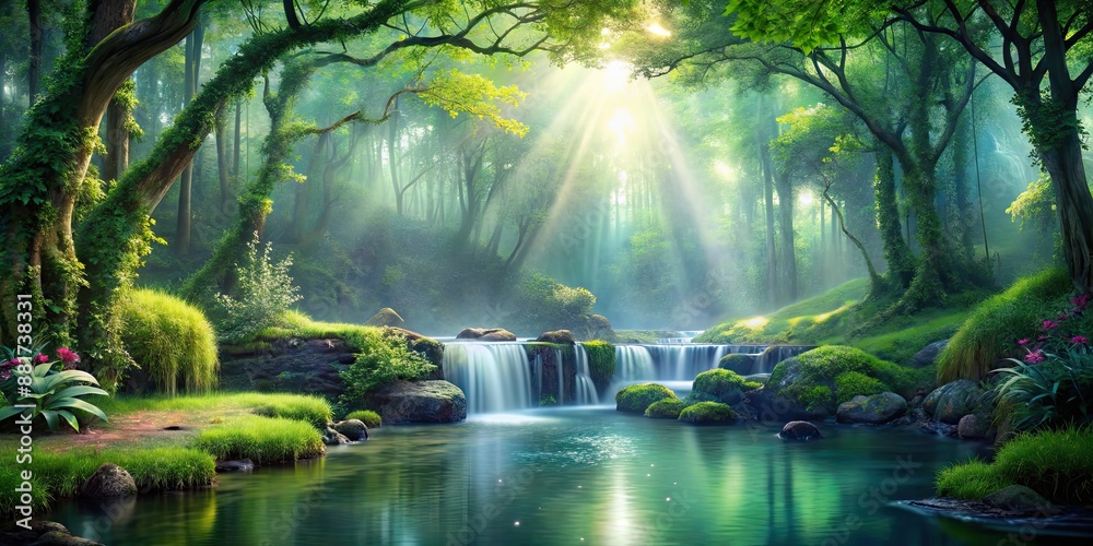 Enchanted forest with sparkling spring water flowing through lush greenery, Magic, Spring, Forest, Woods, Enchanted Enchanted forest with sparkling spring water flowing through lush greenery, Magic, Spring, Forest, Woods, Enchanted