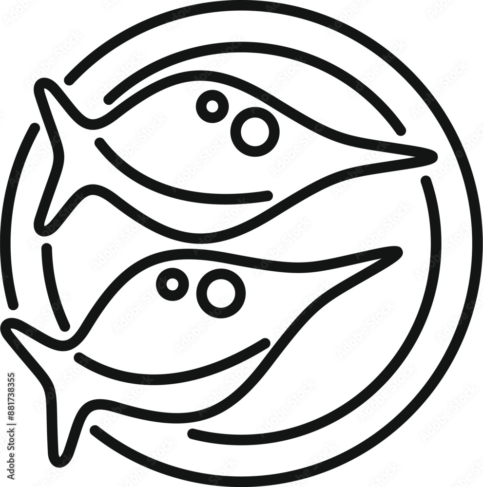 Line art icon of two fish lying on a plate for lunch or dinner Line art icon of two fish lying on a plate for lunch or dinner
