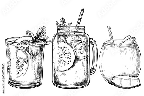 Summer cocktails set hand drawn vintage vector sketch drawing