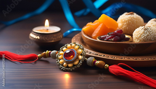 A vibrant of a Raksha Bandhan celebration with colorful Rakhis sweets dessert and candle