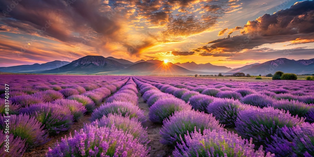 Endless fields of wild lavender with a majestic sunset over a mountain range , lavender, wildflowers, fields, sunset Endless fields of wild lavender with a majestic sunset over a mountain range , lavender, wildflowers, fields, sunset
