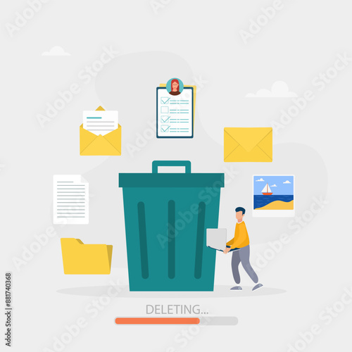 Delete concept. The character deletes data and moves unnecessary files to a large trash bin. Cleaning digital memory. Vector illustration.	