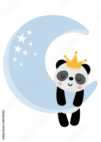 Cute panda sleeping on moon with crown on head