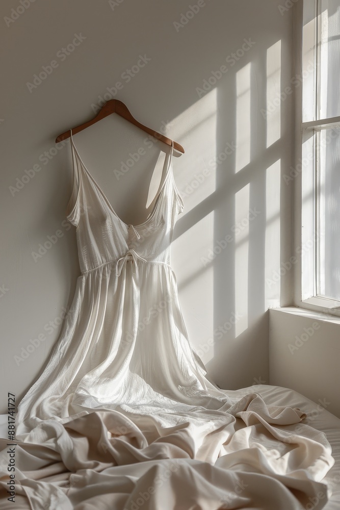 A white dress is hanging on a wooden hanger