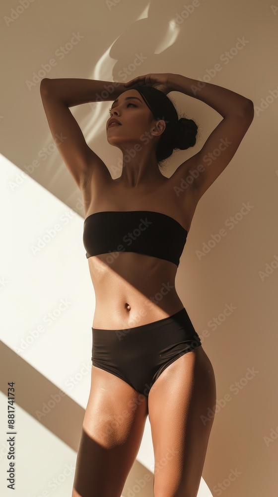 Obraz premium A woman in a black bikini poses for the camera