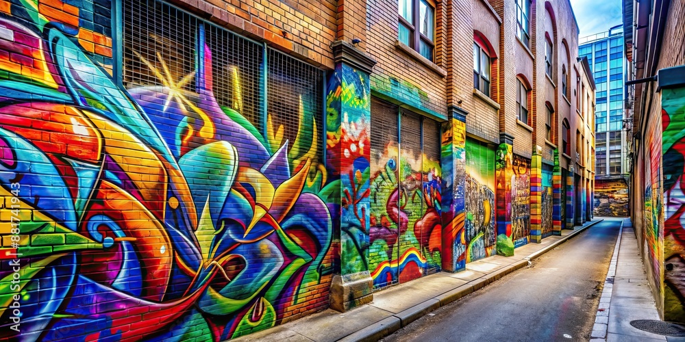 Fototapeta premium Graffiti art on the wall in a city alley , urban, street art, spray paint, vandalism, colorful