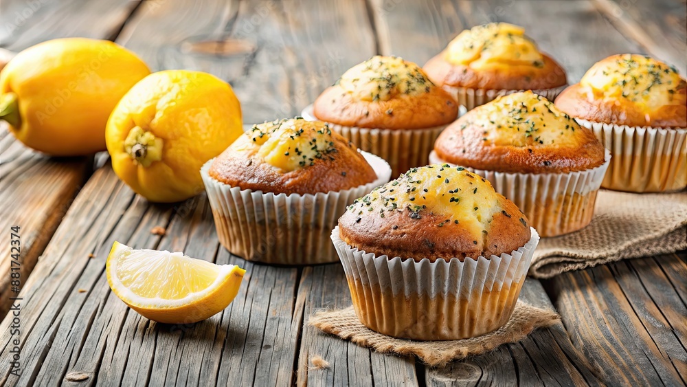 Delicious homemade lemon poppy seed muffins on a rustic wooden table, lemon, poppy seed, muffins, baked, citrus, breakfast