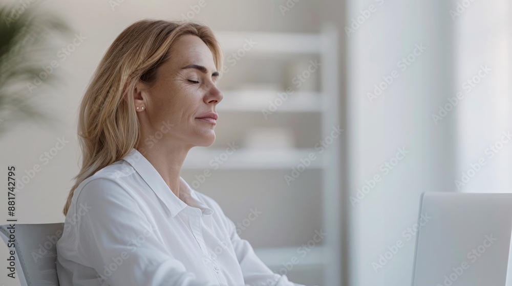 Side profile of a mid-aged woman practicing progressive muscle relaxation techniques to release tension at her office desk, serene office setting. Side profile of a mid-aged woman practicing progressive muscle relaxation techniques to release tension at her office desk, serene office setting.
