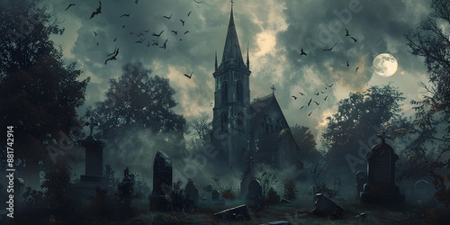 Wallpaper Mural Haunted Church and Graveyard Under Full Moon Eerie Halloween Night with Bats, Fog, and Creepy Atmosphere Torontodigital.ca