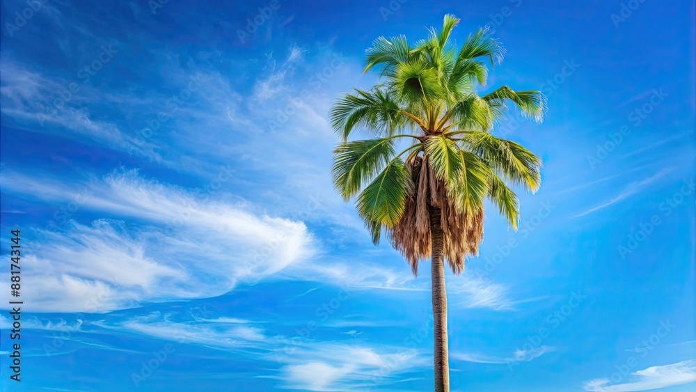 Fototapeta premium Tall palm tree standing against a vibrant blue sky, Palm tree, sky, tropical, nature, outdoors, sunny, vacation, summer
