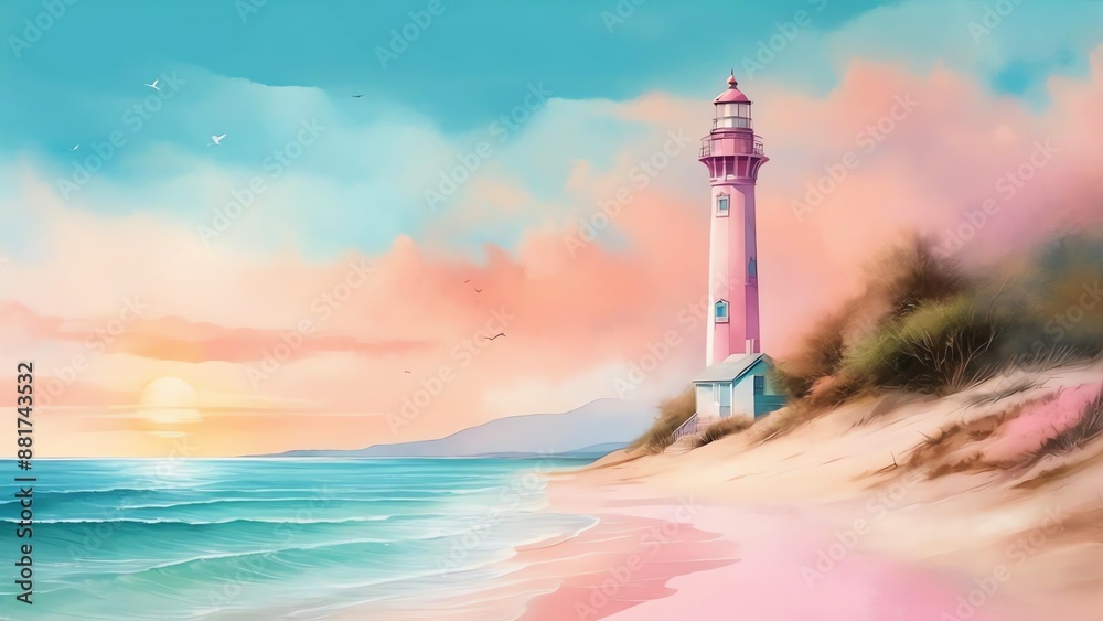 Fototapeta premium A beach with turquoise ocean and pink sand. Ideal for illustrating books or articles, designing calendars, books cover and creating items backgrounds like mugs, T-shirts, cards, tote bags, boxes.