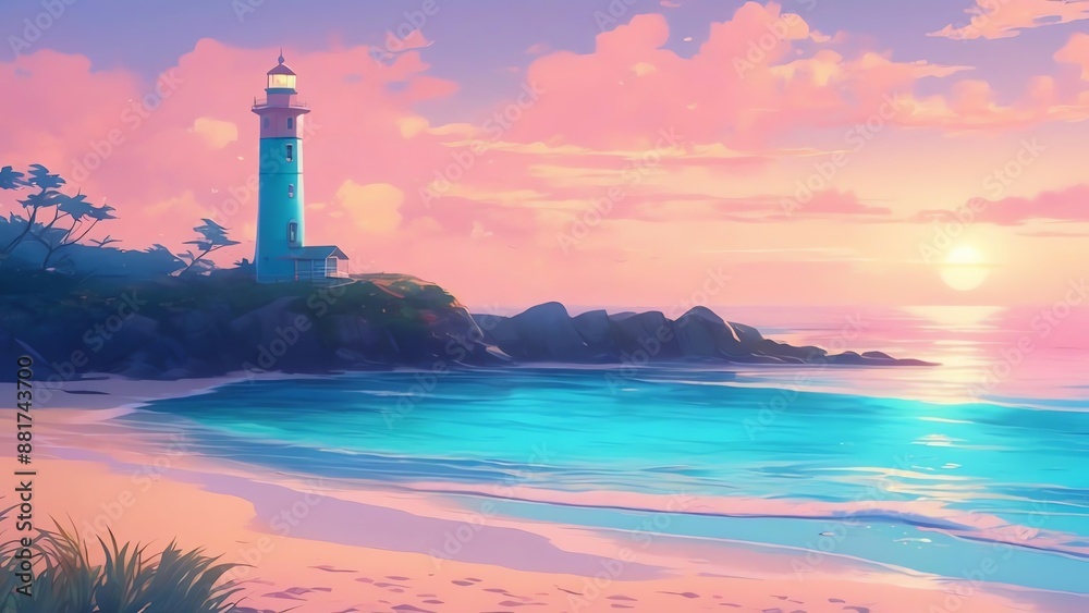 A beach with turquoise ocean and pink sand. Ideal for illustrating books or articles, designing calendars, books cover and creating items backgrounds like mugs, T-shirts, cards, tote bags, boxes.