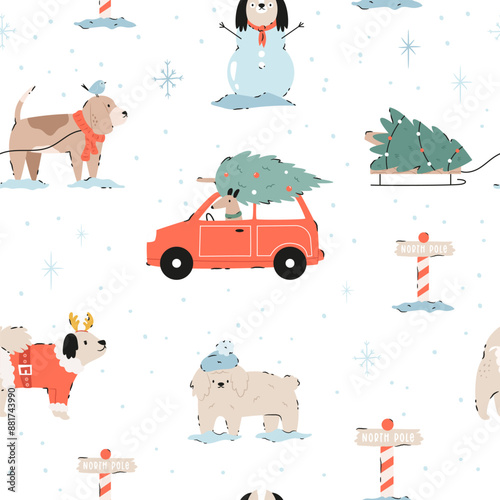 Festive Christmas seamless pattern with hand-drawn adorable dogs