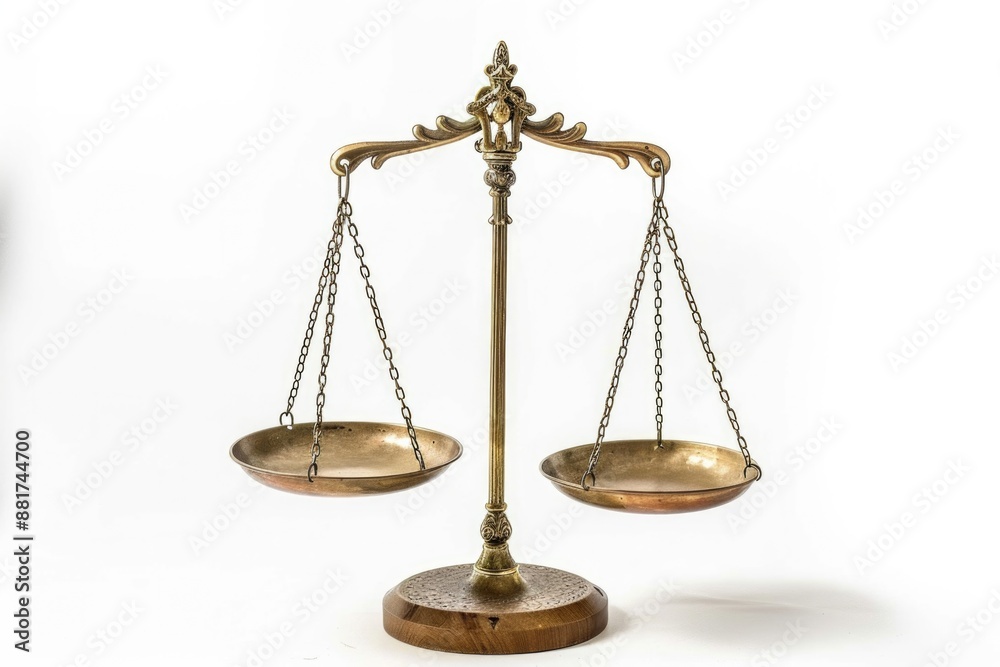 Balance Scale Model. Gold Brass Scale for Legal Judgement in White Background Balance Scale Model. Gold Brass Scale for Legal Judgement in White Background