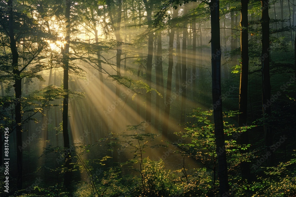 Beams of Rising Sun Through Forest Trees in Swabian Alps, Baden-Wurttemberg, Germany Beams of Rising Sun Through Forest Trees in Swabian Alps, Baden-Wurttemberg, Germany