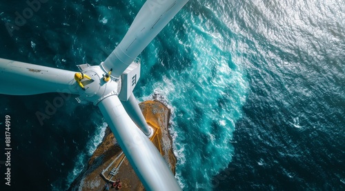 In the aerial view, workers in yellow safety gear work on top of an offshore wind turbine over deep blue ocean waters