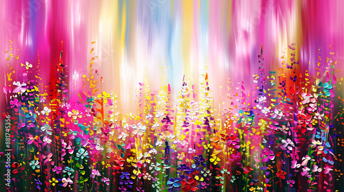 Fototapeta Naklejka Na Ścianę i Meble -  abstract pink 3d flower background with dynamic colorful paint strokes, with a focus on the texture and depth of the paint, showing vibrant rainbow colored variations from blue to green, red, yellow