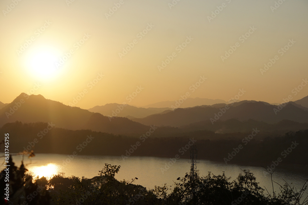 Fototapeta premium Sunset landscapes from Phousi Hill in Luangprabang a world heritage site town in northern of Laos, the best tourist destination 