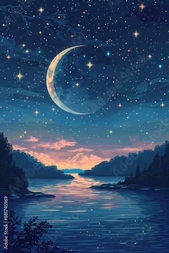Serene Night Sky Over Tranquil River with Crescent Moon and Stars, Reflecting Water, and Silhouetted Trees in a Dreamy Landscape