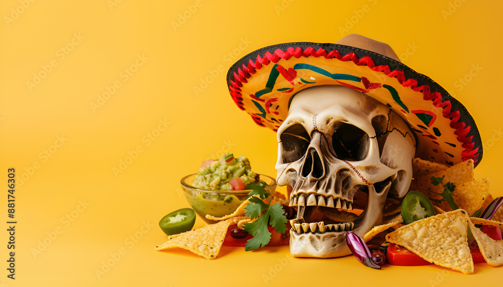 Human scull with Mexican sombrero hat, nachos chip and guacamole on color background. Space for text Human scull with Mexican sombrero hat, nachos chip and guacamole on color background. Space for text