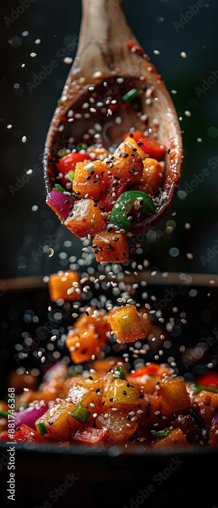 Close-up of a wooden spoon sprinkling diced vegetables and seasoning into a frying pan, emphasizing vibrant colors and culinary art. Close-up of a wooden spoon sprinkling diced vegetables and seasoning into a frying pan, emphasizing vibrant colors and culinary art.