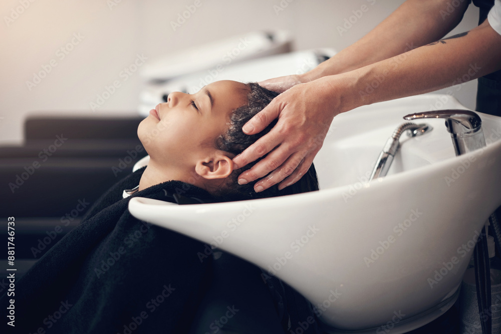 Fototapeta premium Washing, kid or hands of hairdresser with girl in salon basin for natural scalp care or cleaning treatment. Rinse, spa or beauty service for client, child or shampoo cosmetics for health or wellness