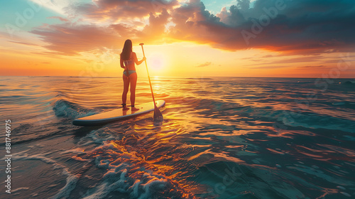 Stand up paddle boarding or standup paddleboarding on quiet sea at sunset with beautiful colors during warm summer beach vacation holiday, active woman, close-up of water surface, legs and board. 