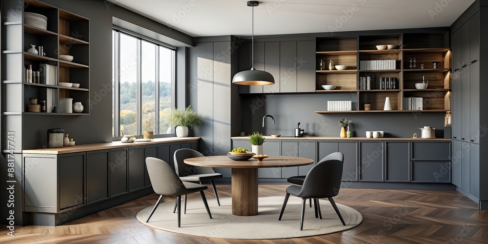 Fototapeta premium Dark gray kitchen interior with round table, chairs and shelves near window, dark, gray, kitchen, interior, round table, chairs