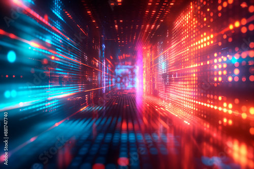 A digital tunnel with red and blue light trails, abstract style, on a dark background, concept of speed or technology. Generative AI © Who is Danny
