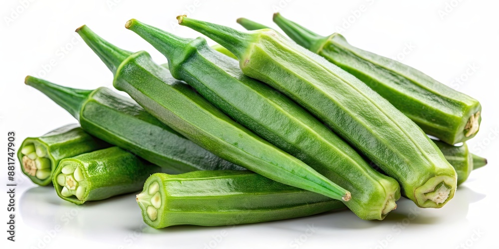 Fresh green okra on a white background, okra, vegetable, fresh, green, organic, healthy, food, natural, plant, nutrition Fresh green okra on a white background, okra, vegetable, fresh, green, organic, healthy, food, natural, plant, nutrition