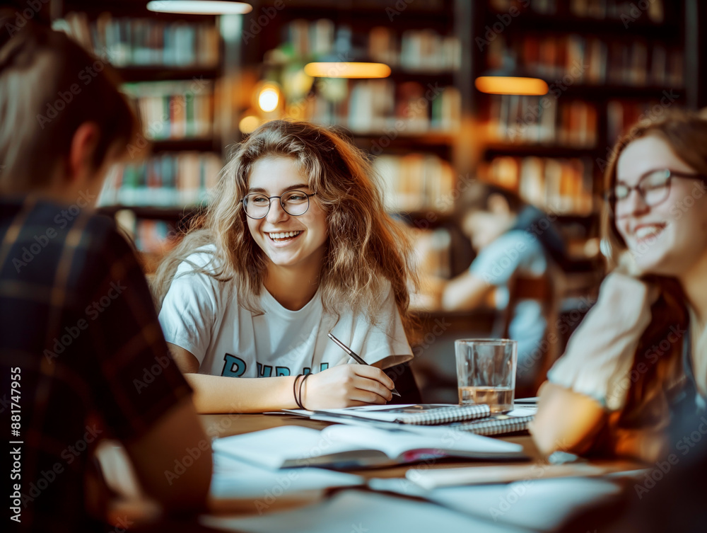 Students engaging in a study session at a library with a warm ambiance. Generative AI Students engaging in a study session at a library with a warm ambiance. Generative AI