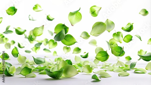 Green rose leaves floating in the air on a white background, botanical, nature, flora, greenery, petals, organic, plant