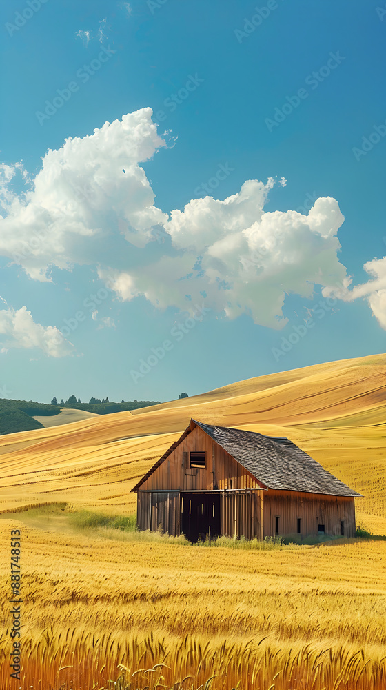 Serene Countryside Barn Amidst Golden Wheat Fields with Clear Blue Sky Serene Countryside Barn Amidst Golden Wheat Fields with Clear Blue Sky