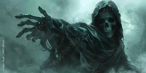 Wallpaper Mural Haunting Grim Reaper Emerging from Shadows  Eerie Halloween Scene with Ghostly Mist and Creepy Dark Atmosphere Torontodigital.ca