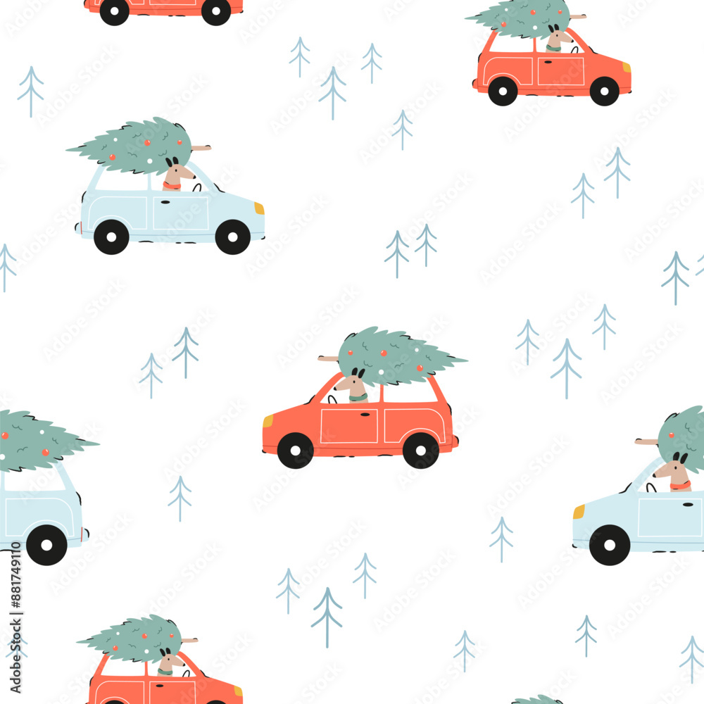 Naklejka premium Festive Christmas seamless pattern with hand-drawn adorable dogs