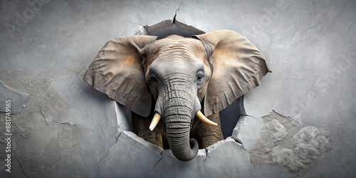 Elephant sticking head through torn hole in grey paper wall, animal photography, created with generative AI, elephant, head