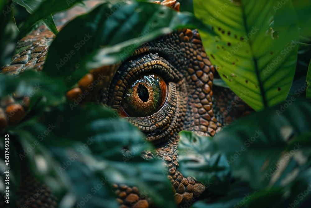 Obraz premium close up of a predator dinosaur eye hide in green leaves jungle blurred background