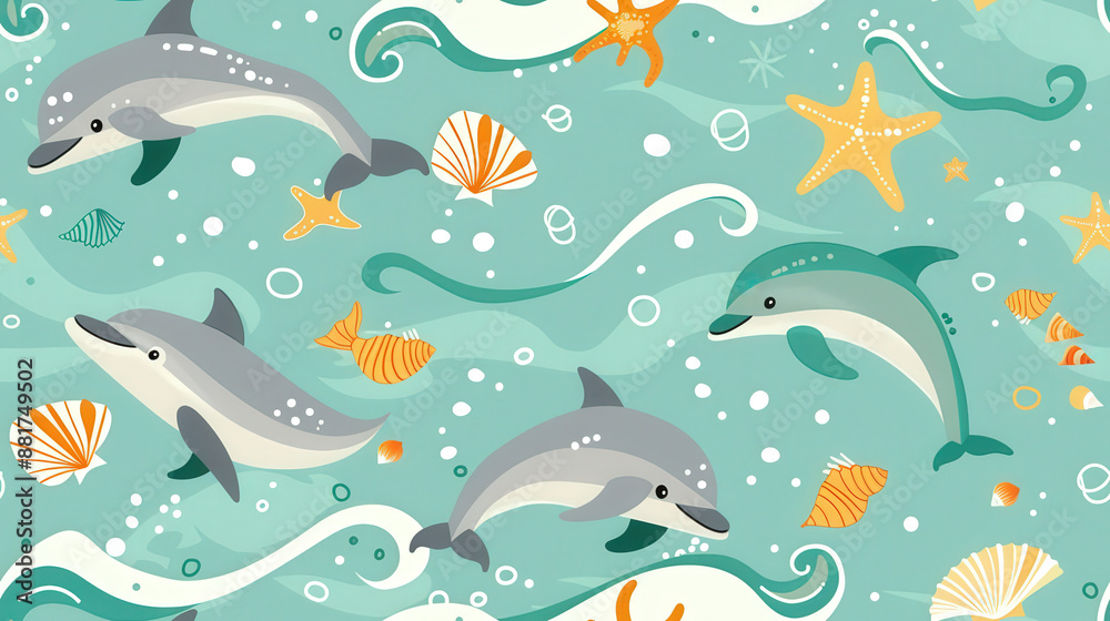 Playful Dolphin Pattern with Seashells and Starfish on Seafoam Green Background | Underwater Doodle Design for Kids Playful Dolphin Pattern with Seashells and Starfish on Seafoam Green Background | Underwater Doodle Design for Kids