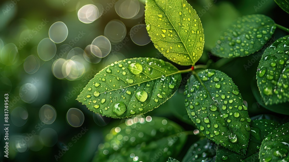 Close-up of lush green leaves with water droplets glistening in natural light, highlighting the beauty and freshness of nature. Close-up of lush green leaves with water droplets glistening in natural light, highlighting the beauty and freshness of nature.