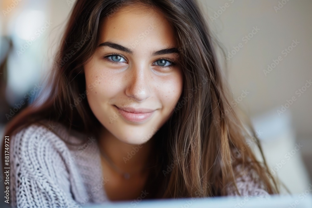 Close up portrait of a beautiful young woman and looking at laptop screen Close up portrait of a beautiful young woman and looking at laptop screen