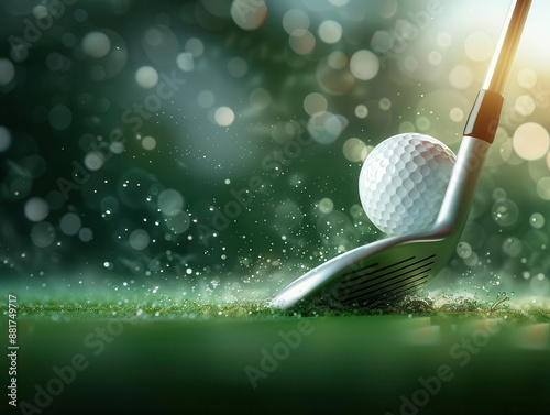 Close-up of a golf club hitting a golf ball on a rainy day. The image captures the moment of impact and the surrounding water splashes.